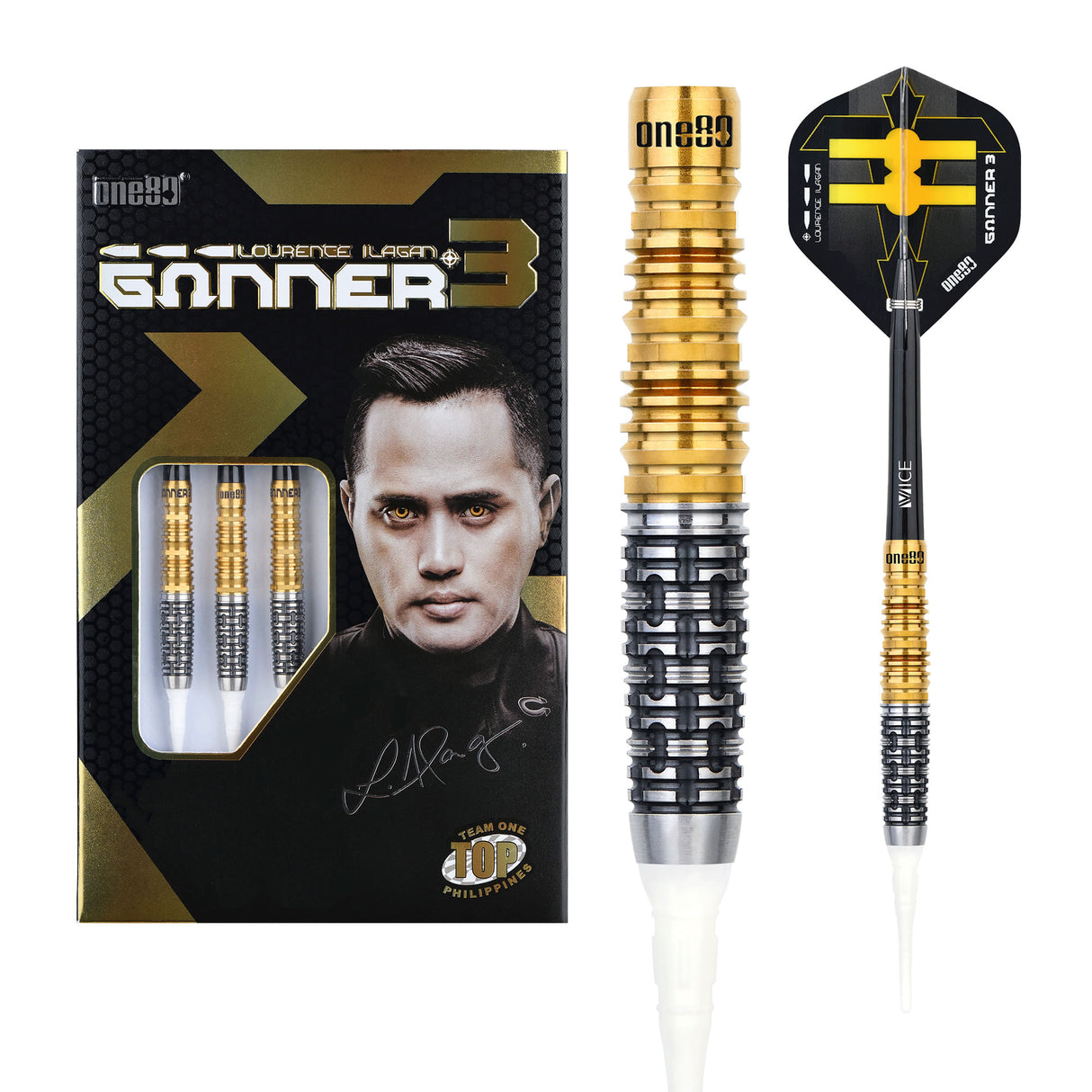 One80 Gunner III Darts - Soft Tip - Lourence Ilagan - Black & Gold