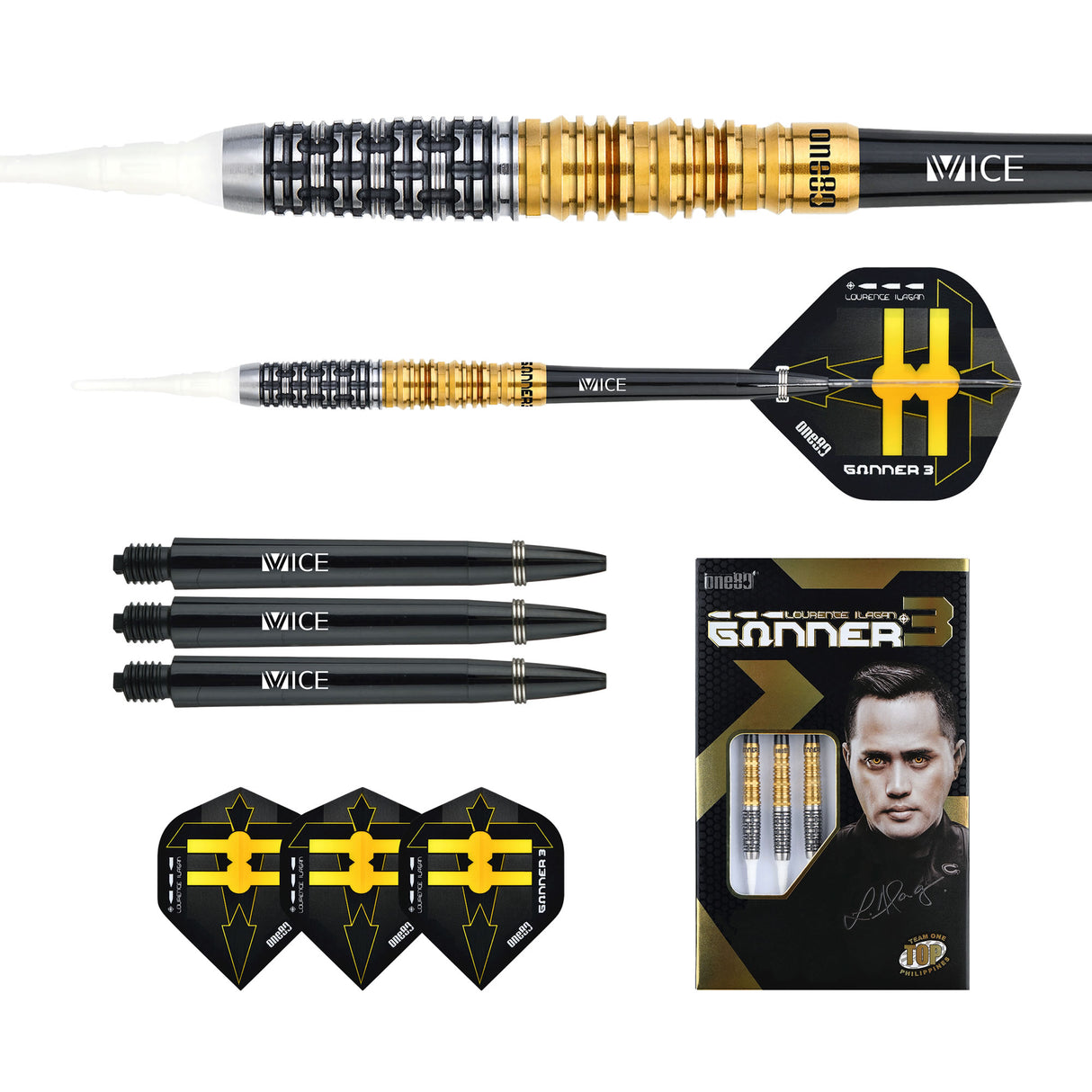 One80 Gunner III Darts - Soft Tip - Lourence Ilagan - Black & Gold