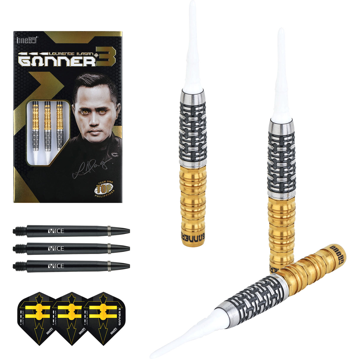 One80 Gunner III Darts - Soft Tip - Lourence Ilagan - Black & Gold