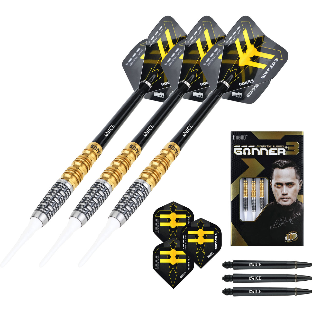 One80 Gunner III Darts - Soft Tip - Lourence Ilagan - Black & Gold