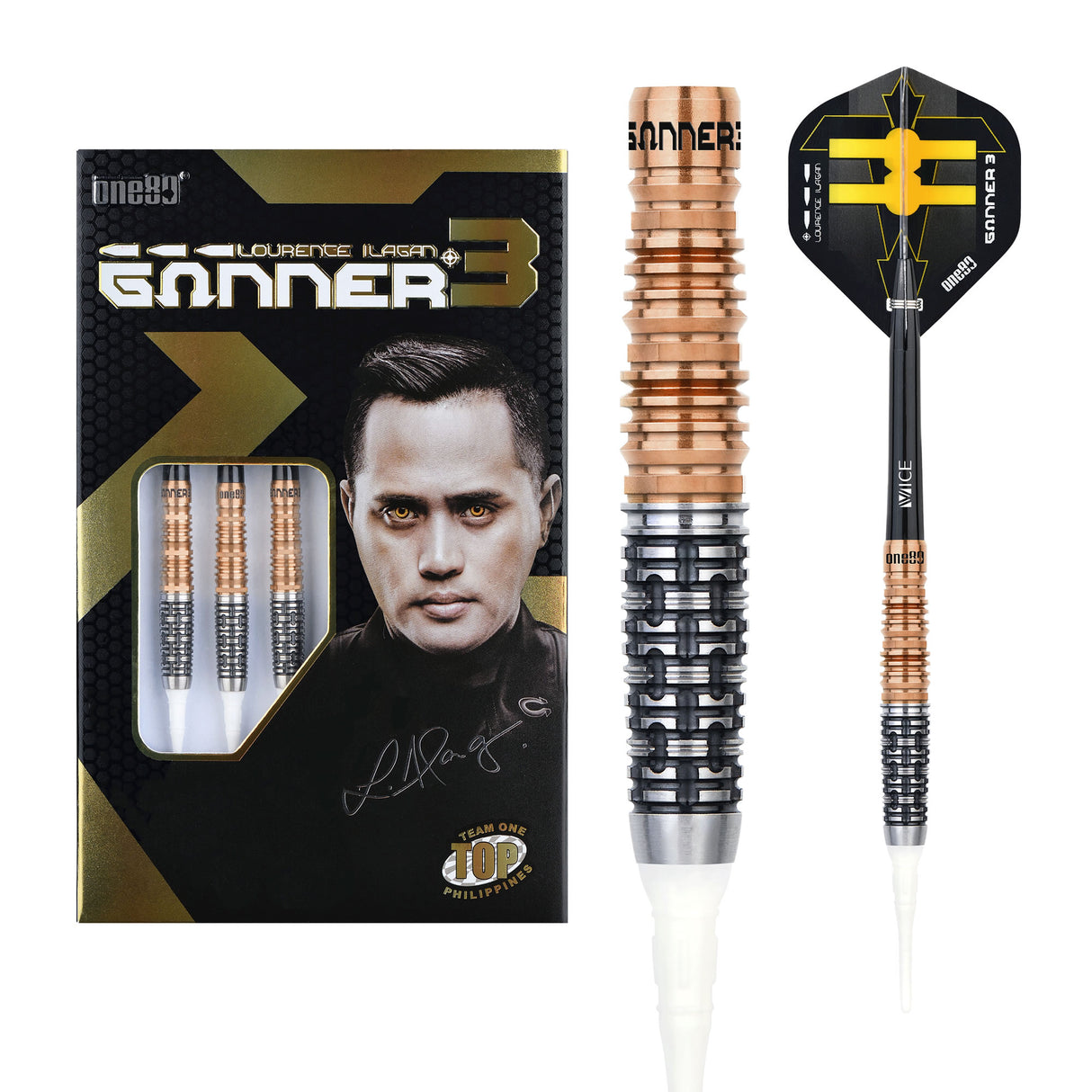 One80 Gunner III Darts - Soft Tip - Lourence Ilagan - Black & Rose Gold