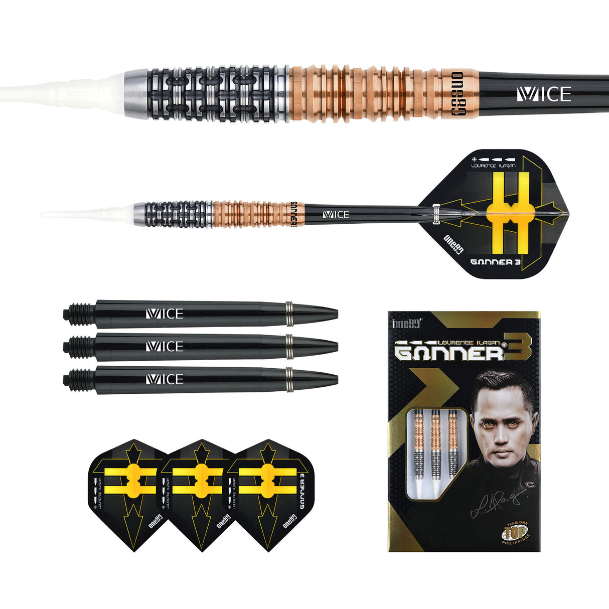 One80 Gunner III Darts - Soft Tip - Lourence Ilagan - Black & Rose Gold