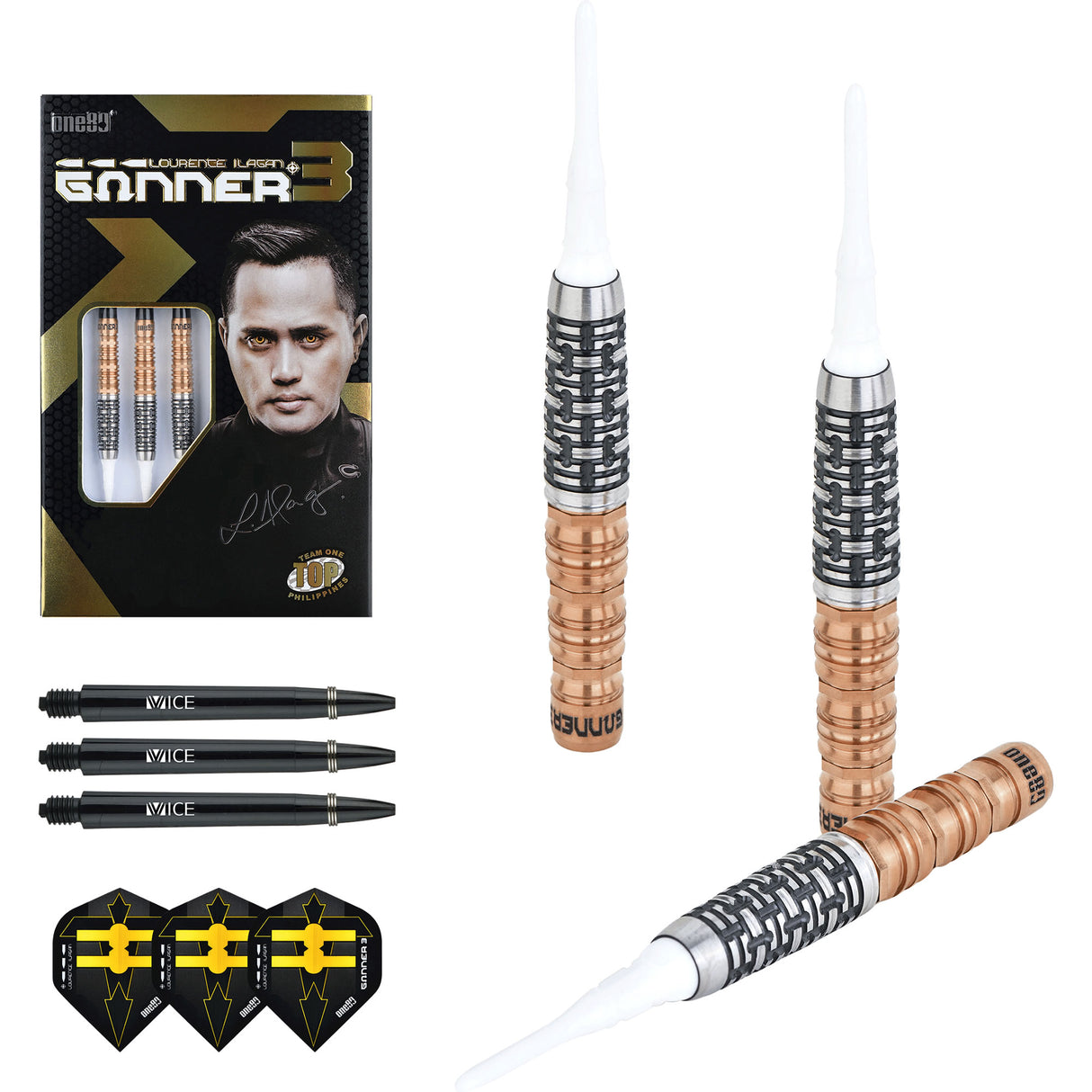 One80 Gunner III Darts - Soft Tip - Lourence Ilagan - Black & Rose Gold