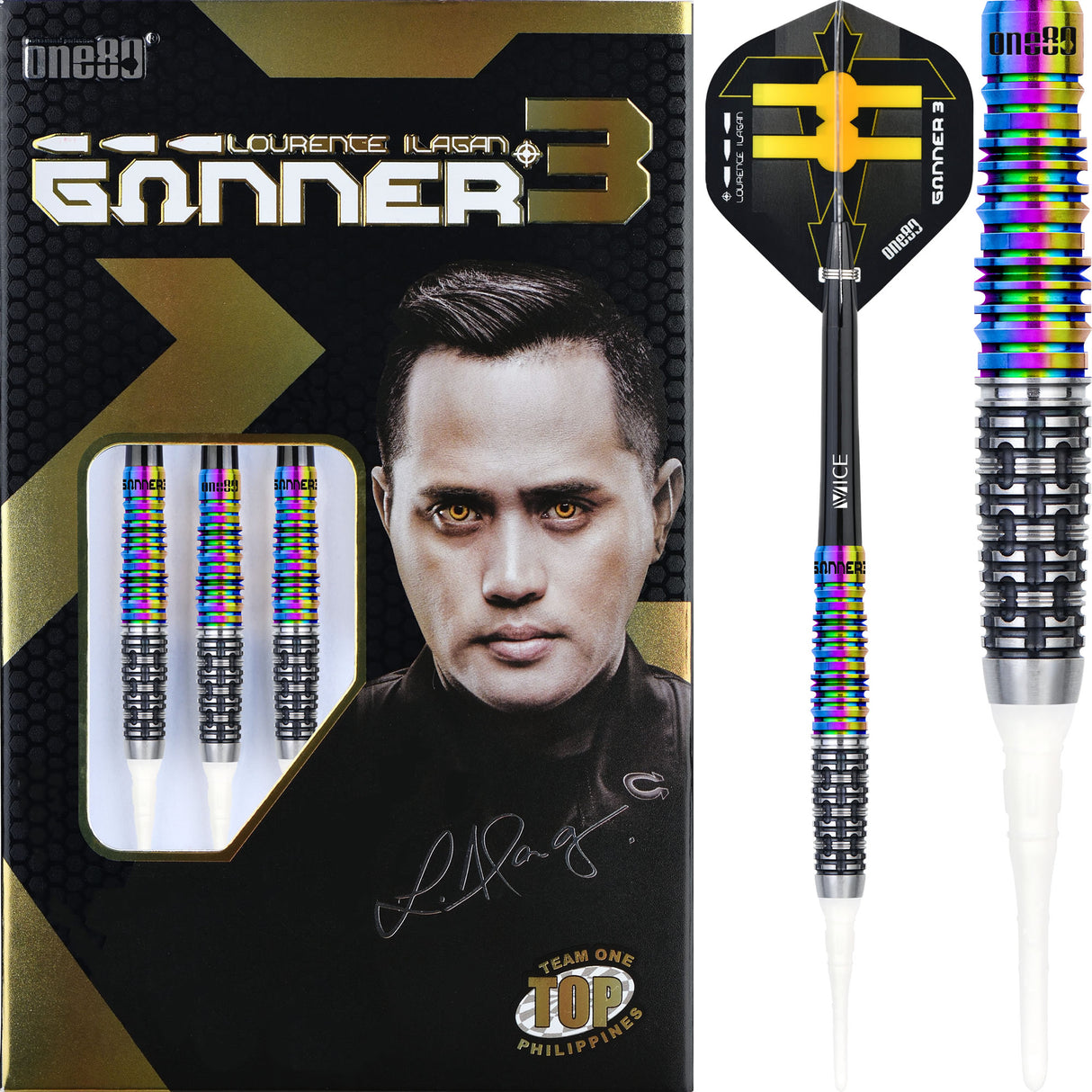 One80 Gunner III Darts - Soft Tip - Lourence Ilagan - Black & Chameleon