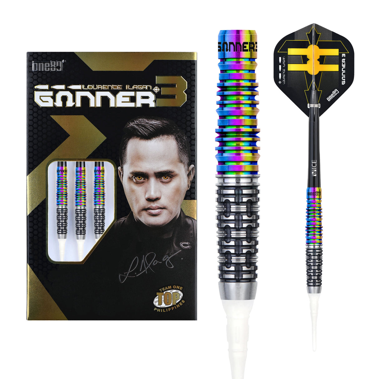 One80 Gunner III Darts - Soft Tip - Lourence Ilagan - Black & Chameleon