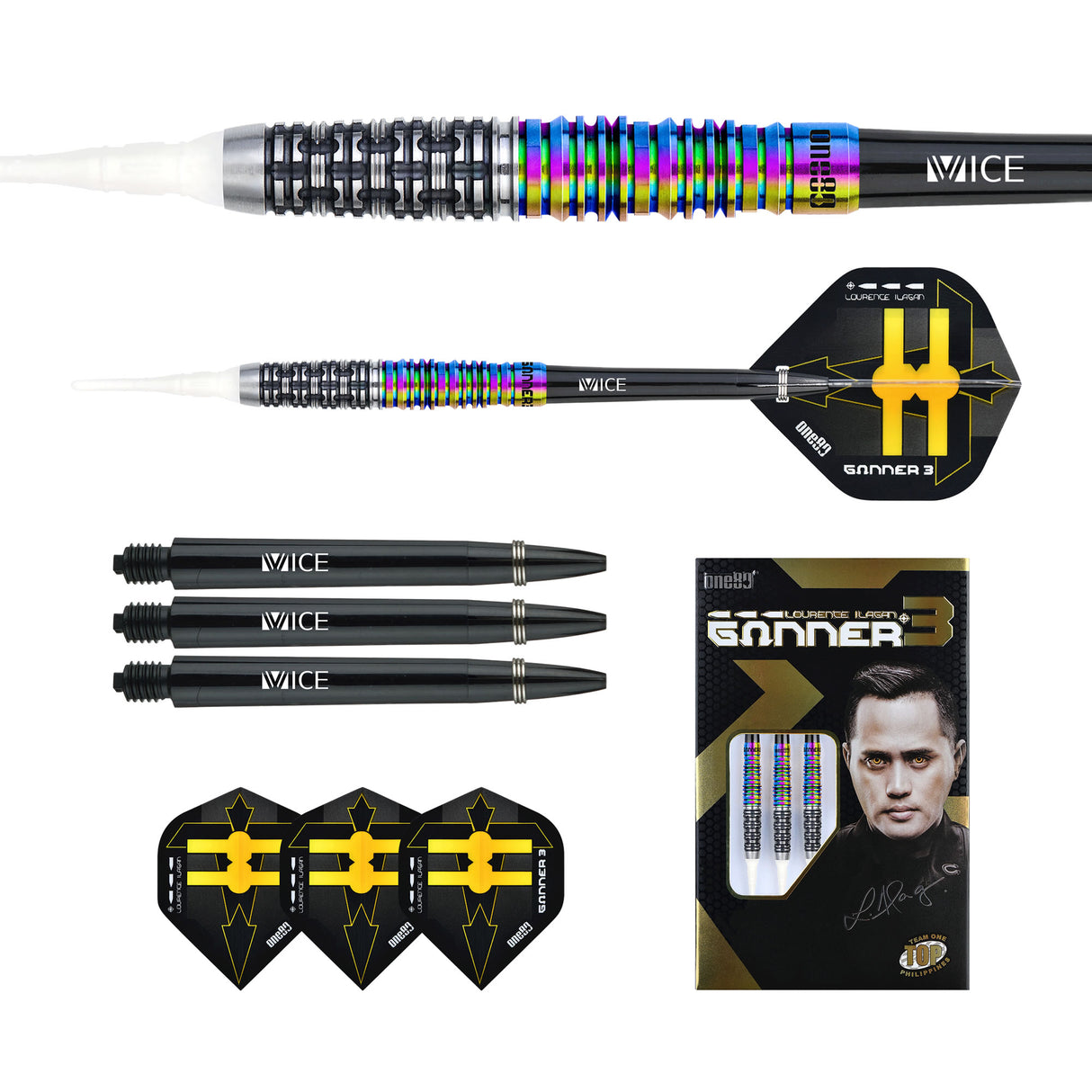 One80 Gunner III Darts - Soft Tip - Lourence Ilagan - Black & Chameleon