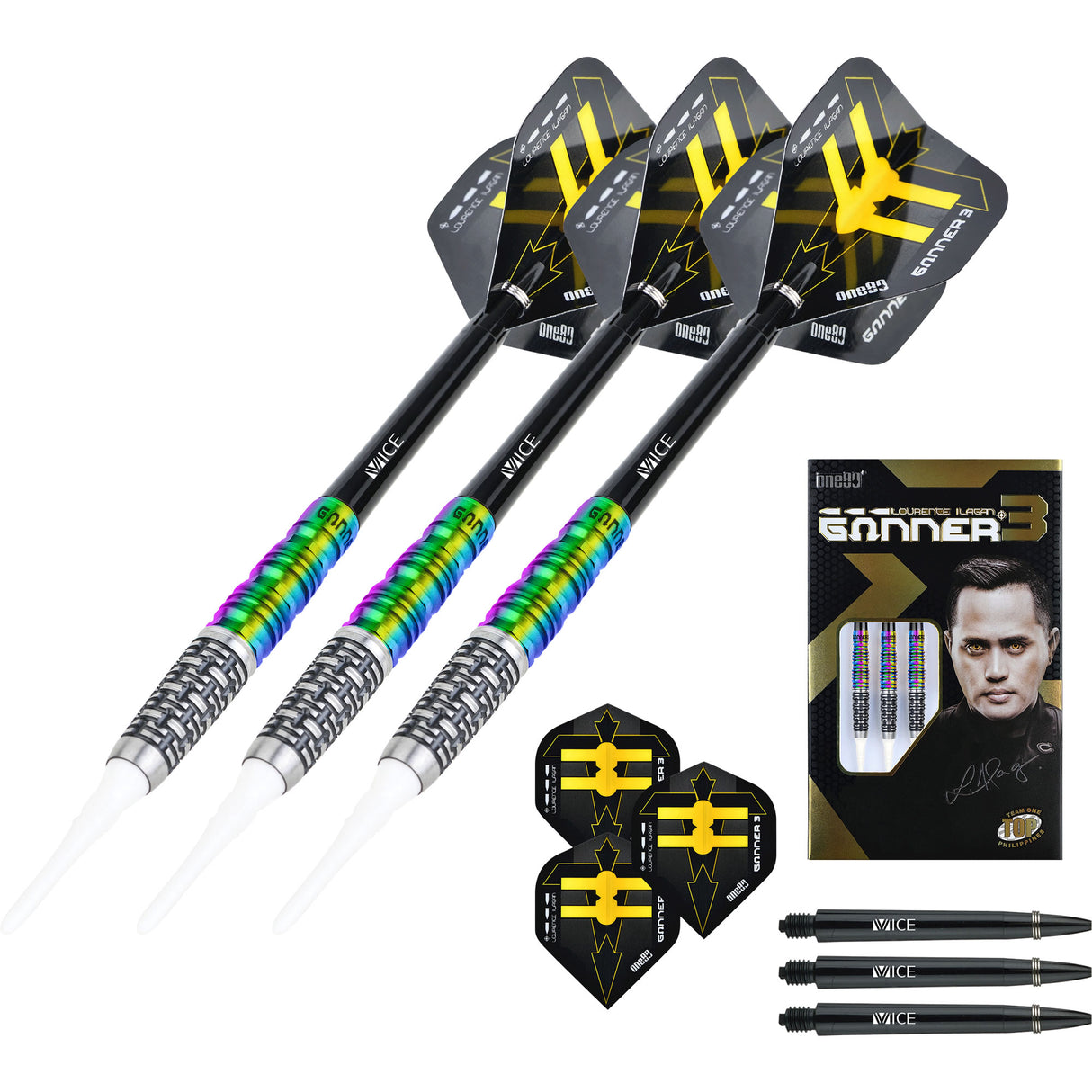 One80 Gunner III Darts - Soft Tip - Lourence Ilagan - Black & Chameleon