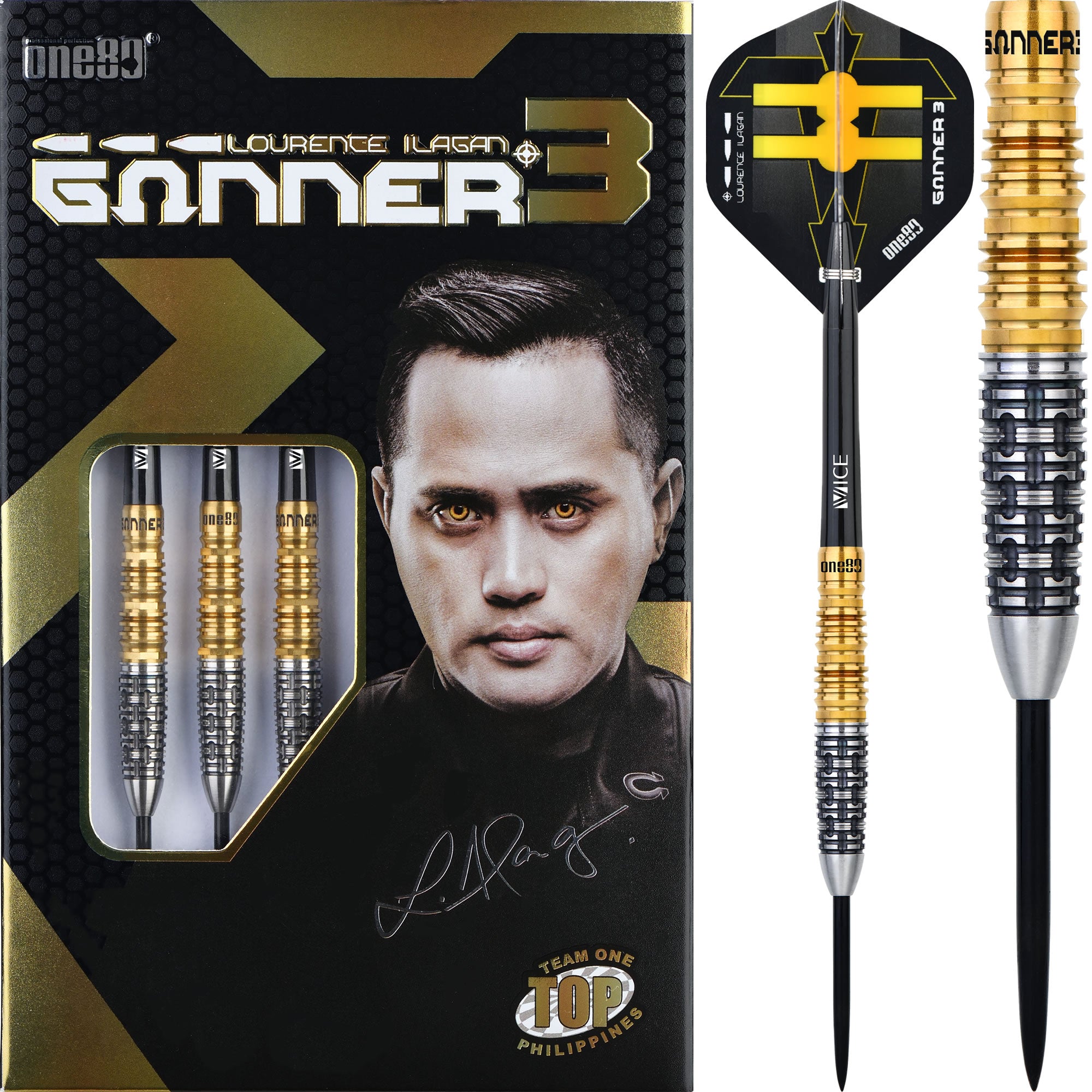 One80 Gunner III Darts - Steel Tip - Lourence Ilagan - Black & Gold