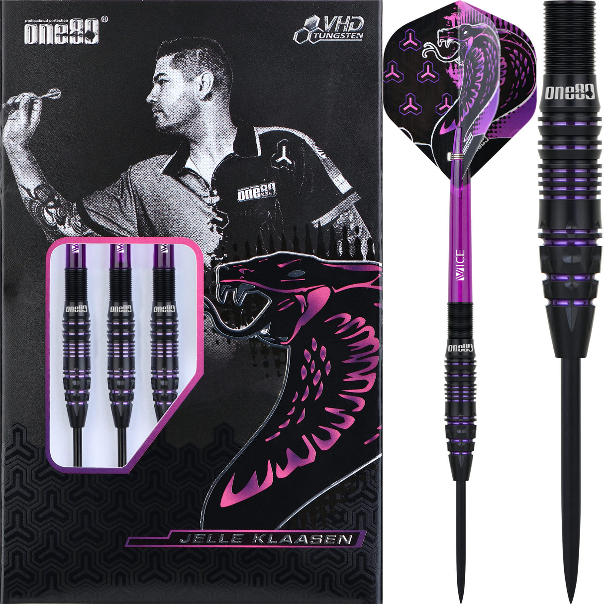 One80 Jelle Klaasen VHD Darts - Steel Tip - The Cobra - Black