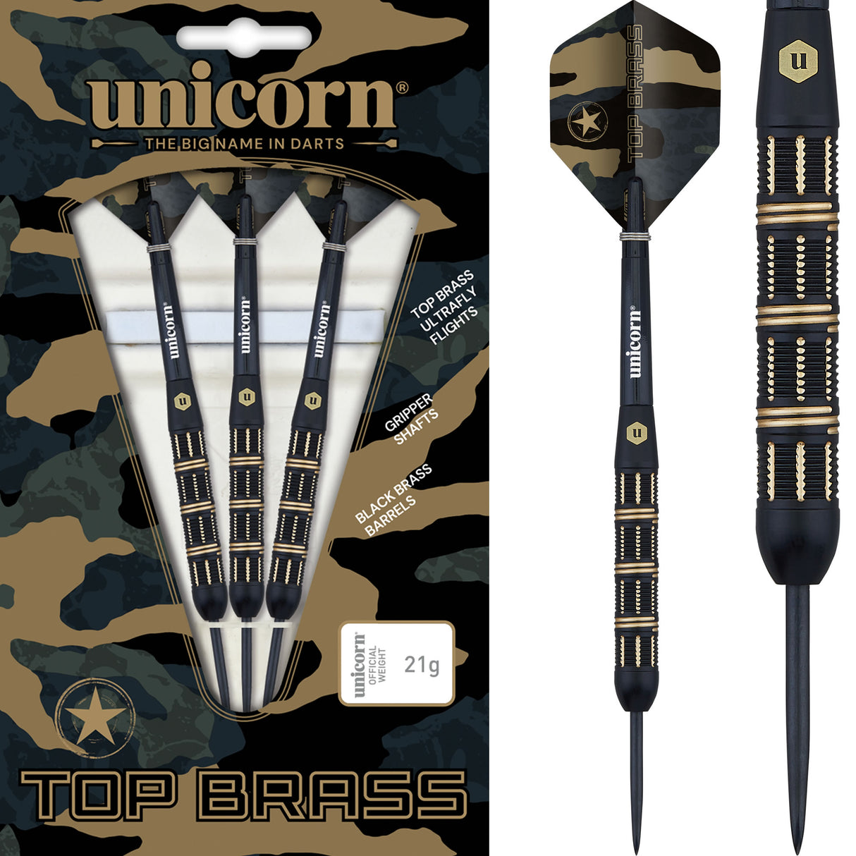 *Unicorn Top Brass Darts - Steel Tip - Style 3 - Black & Gold