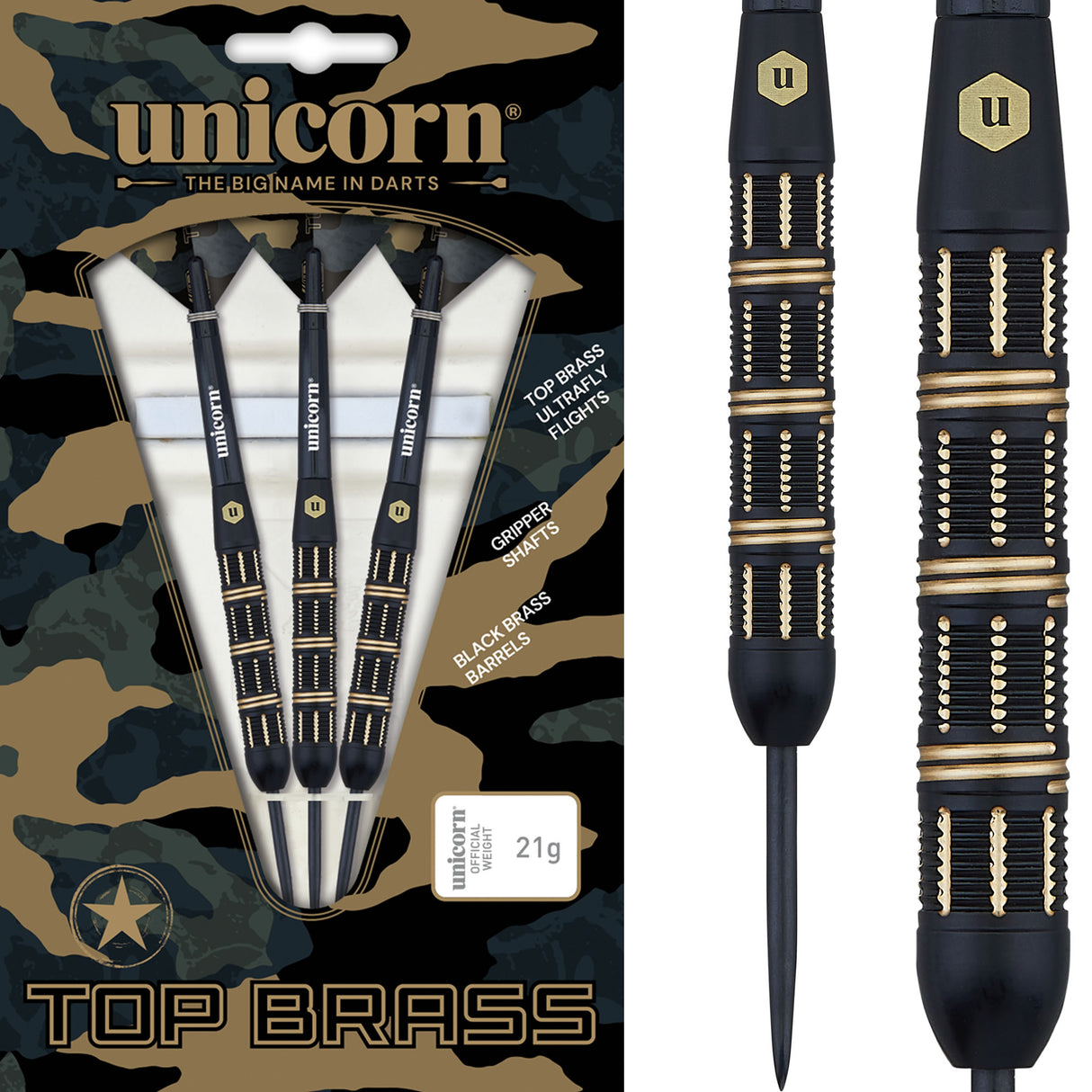 *Unicorn Top Brass Darts - Steel Tip - Style 3 - Black & Gold