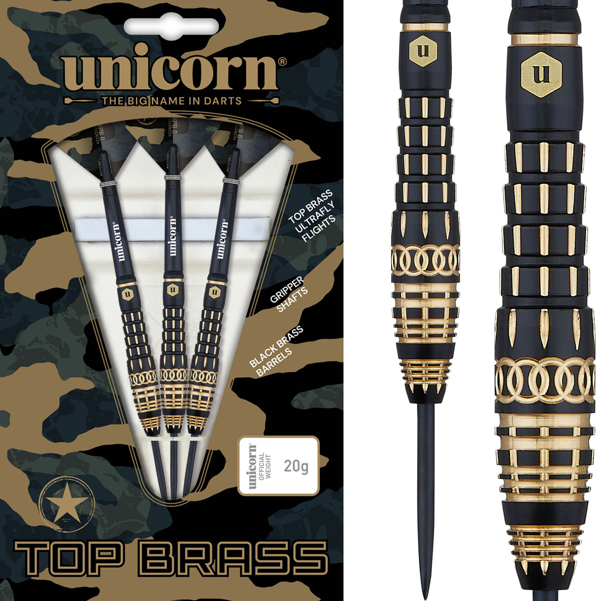 Unicorn Top Brass Darts - Steel Tip - Style 4 - Black & Gold