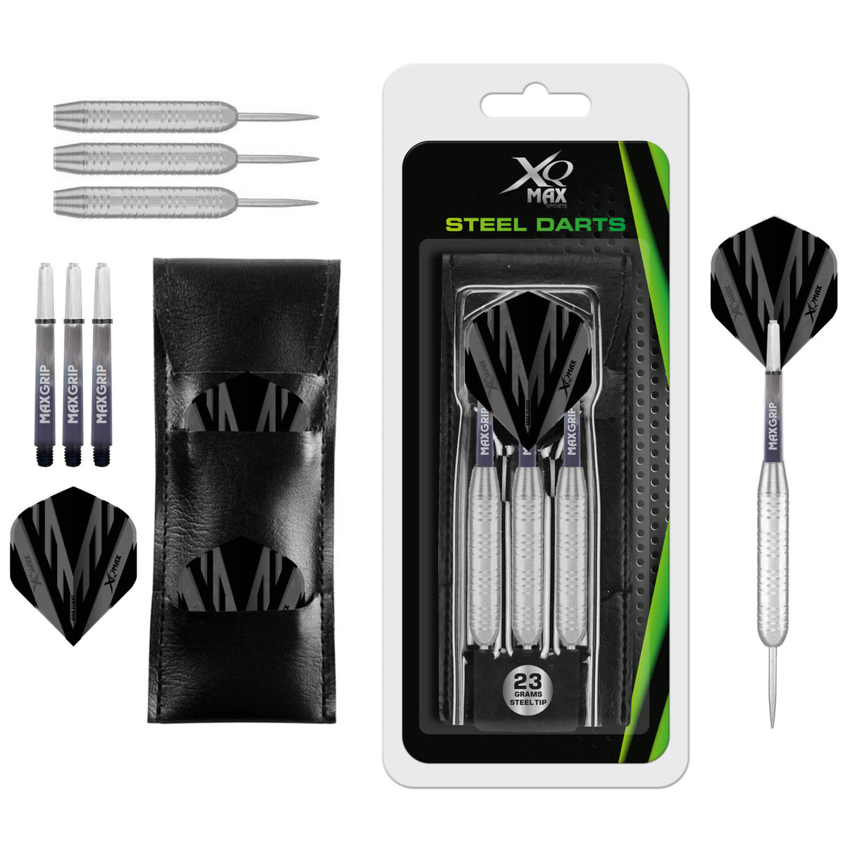 XQMax Steel Tip Darts - Silver Coated Steel - includes Case - 23g