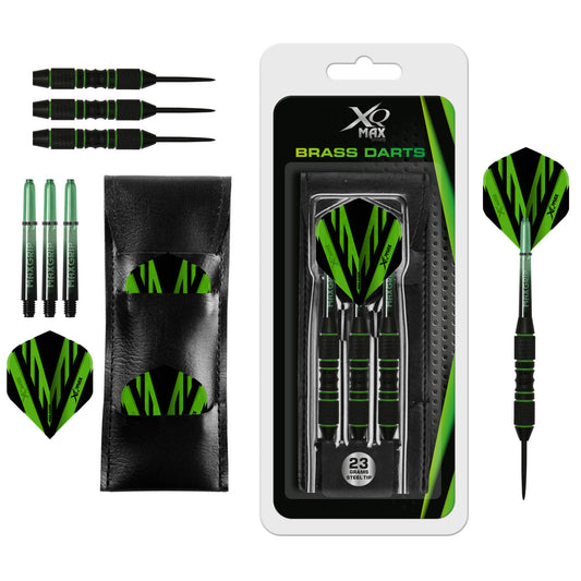 XQMax Steel Tip Darts - Black Coated Brass - includes Case - Green Rings - 23g