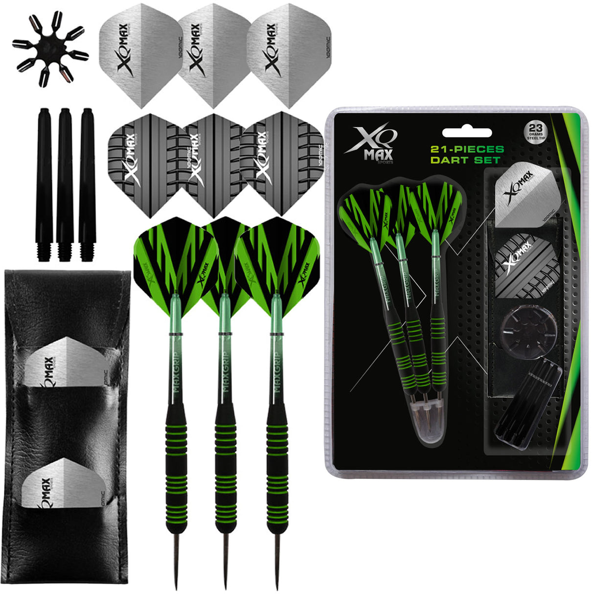 *XQMax Steel Tip Darts - Black Coated Rubberised Steel - includes Case and Extra Accessories - 23g