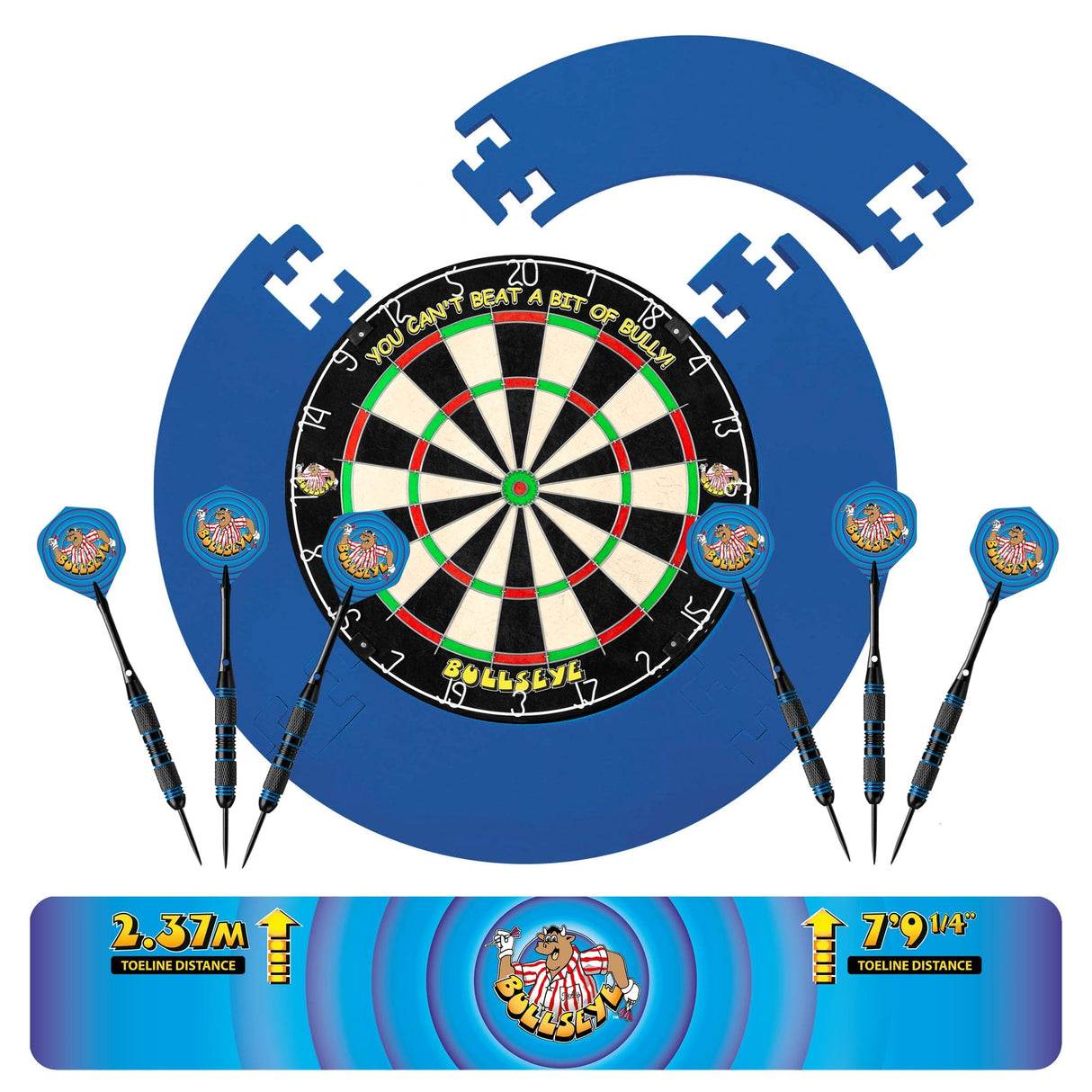 Bullseye Home Darts Centre - Surround, Dartboard, 6 Darts - Bully Logo