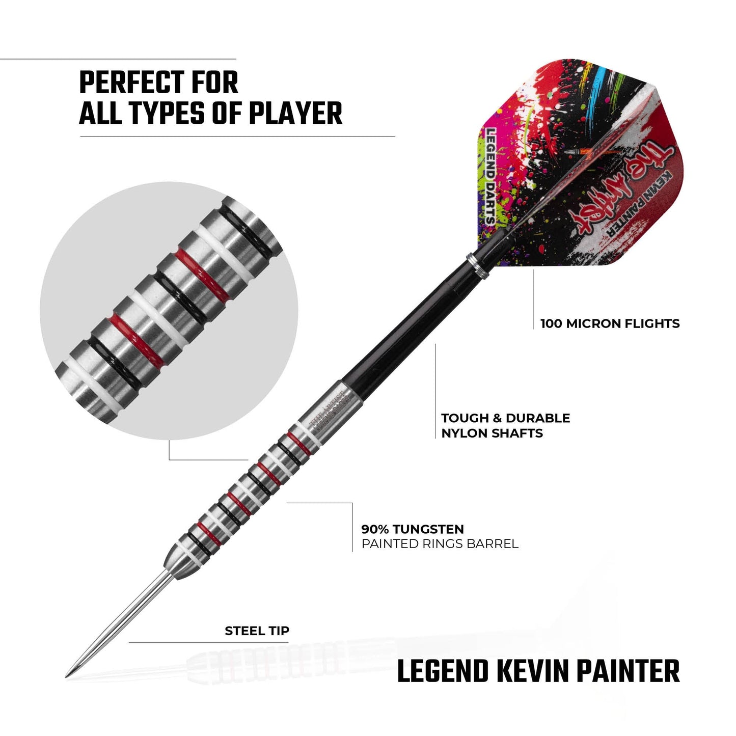 Legend Darts - Steel Tip - 90% Tungsten - Ringed - The Artist - Kevin Painter