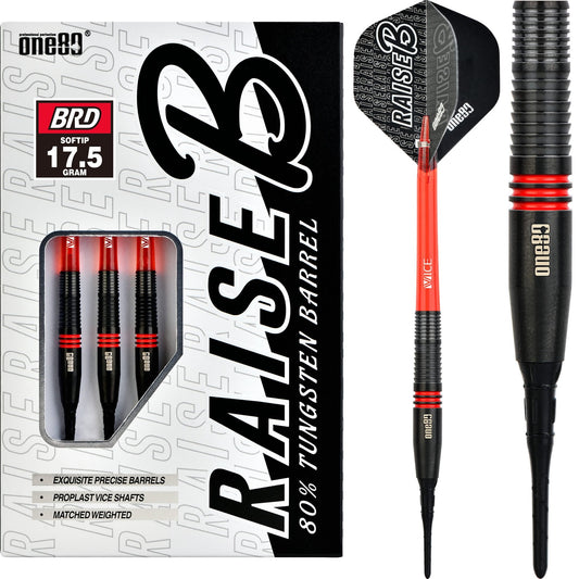 One80 Raise B Darts - Soft Tip - Black - Red Rings 17g