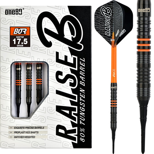 One80 Raise B Darts - Soft Tip - Black - Orange Rings 17g