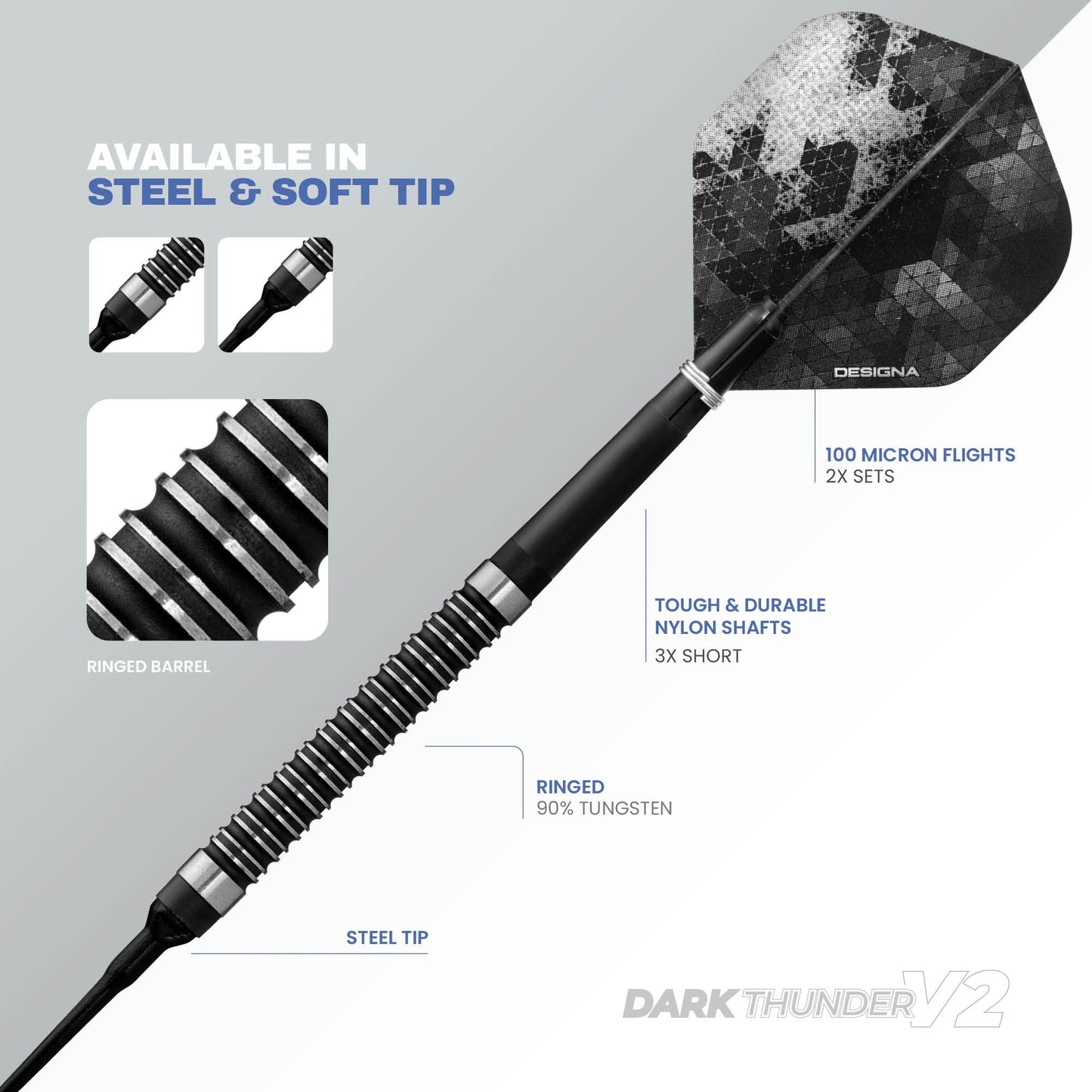 Designa Dark Thunder V2 Soft Tip Darts - Black