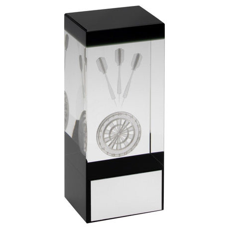 Clear Glass Block Darts Trophy - Lasered Darts and Dartboard - Trophy Award