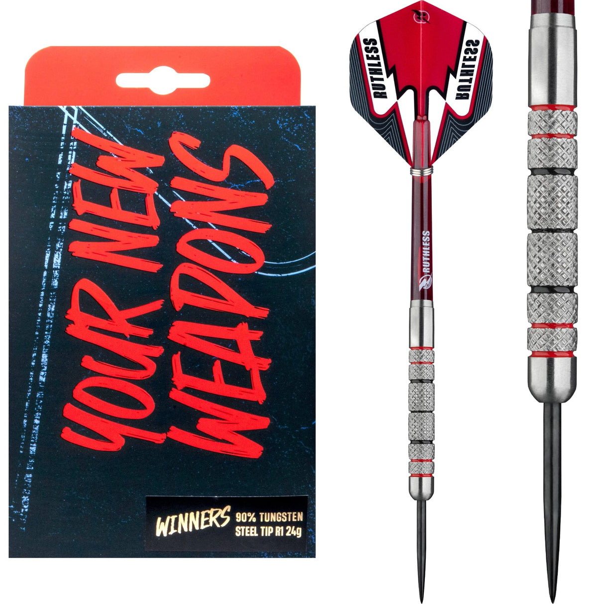 Ruthless Winners Darts - Steel Tip - Full Knurl - Black & Red - 24g 24g
