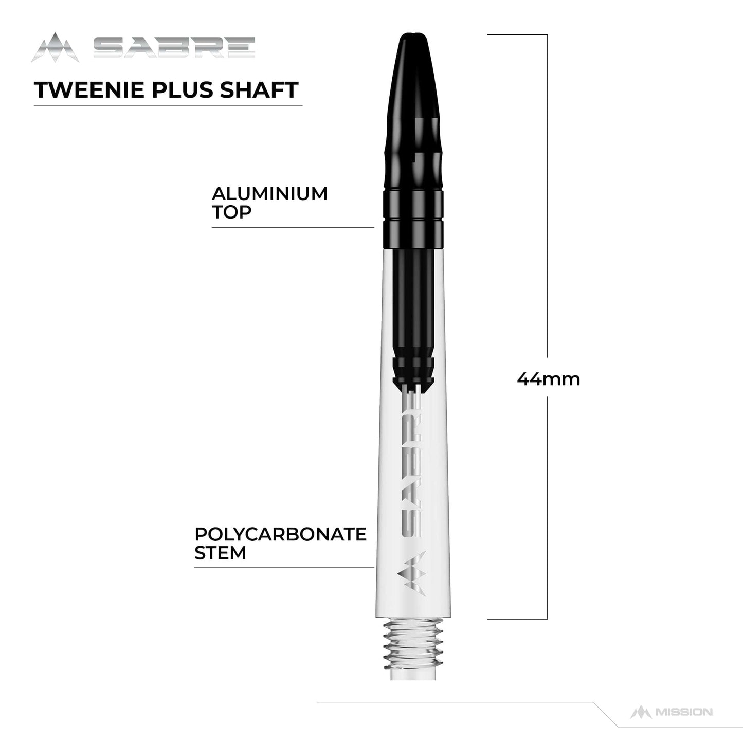 Mission Sabre Shafts - Polycarbonate Dart Stems - Clear - Black Top