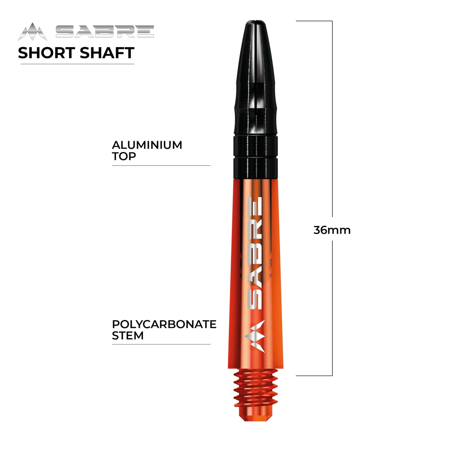 Mission Sabre Shafts - Polycarbonate Dart Stems - Orange - Black Top