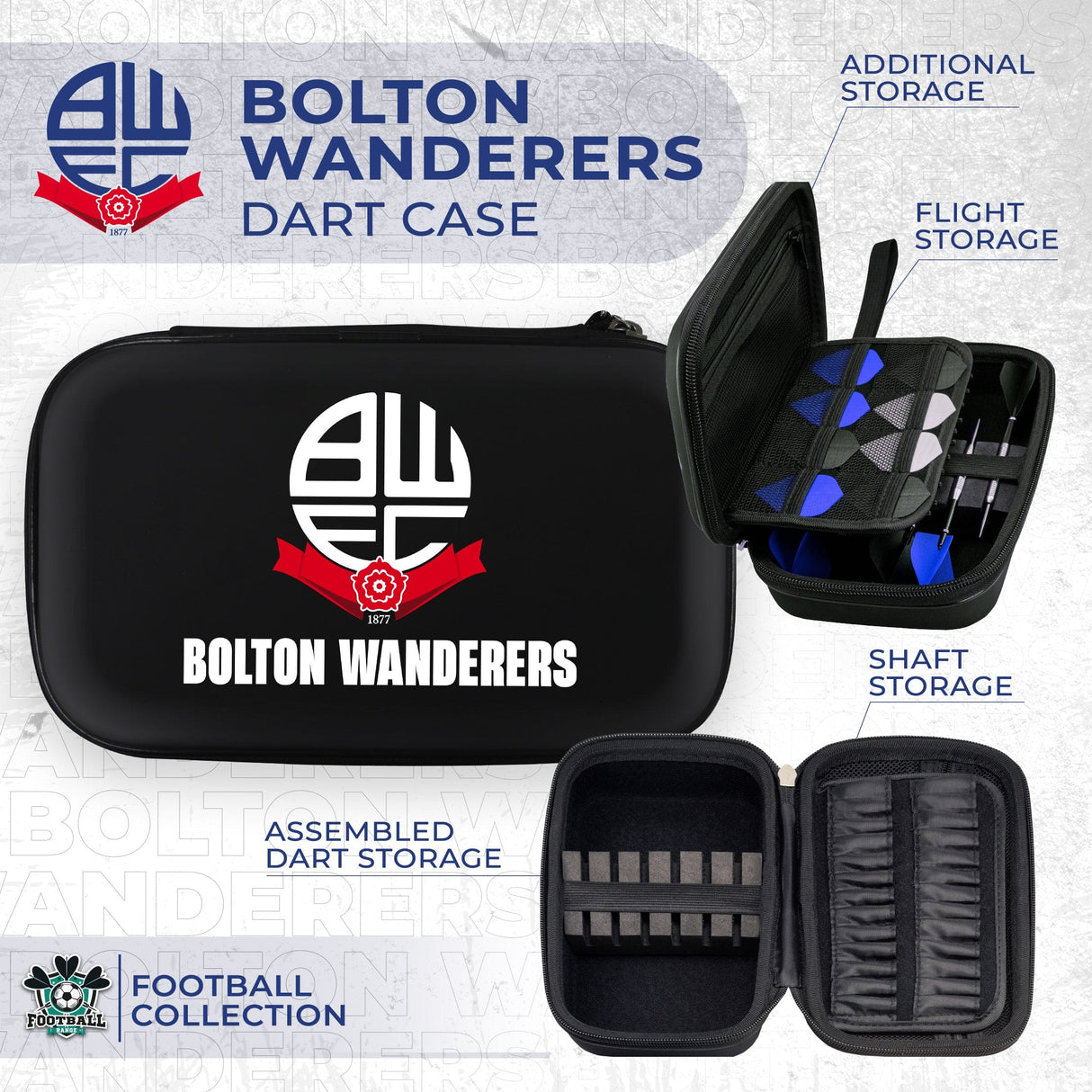 Bolton Wanderers Large Darts Case - Black - BWFC - W1 - Club Logo with Name