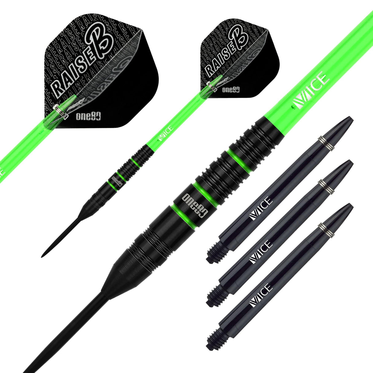 One80 Raise B Darts - Steel Tip - Black - Green Rings