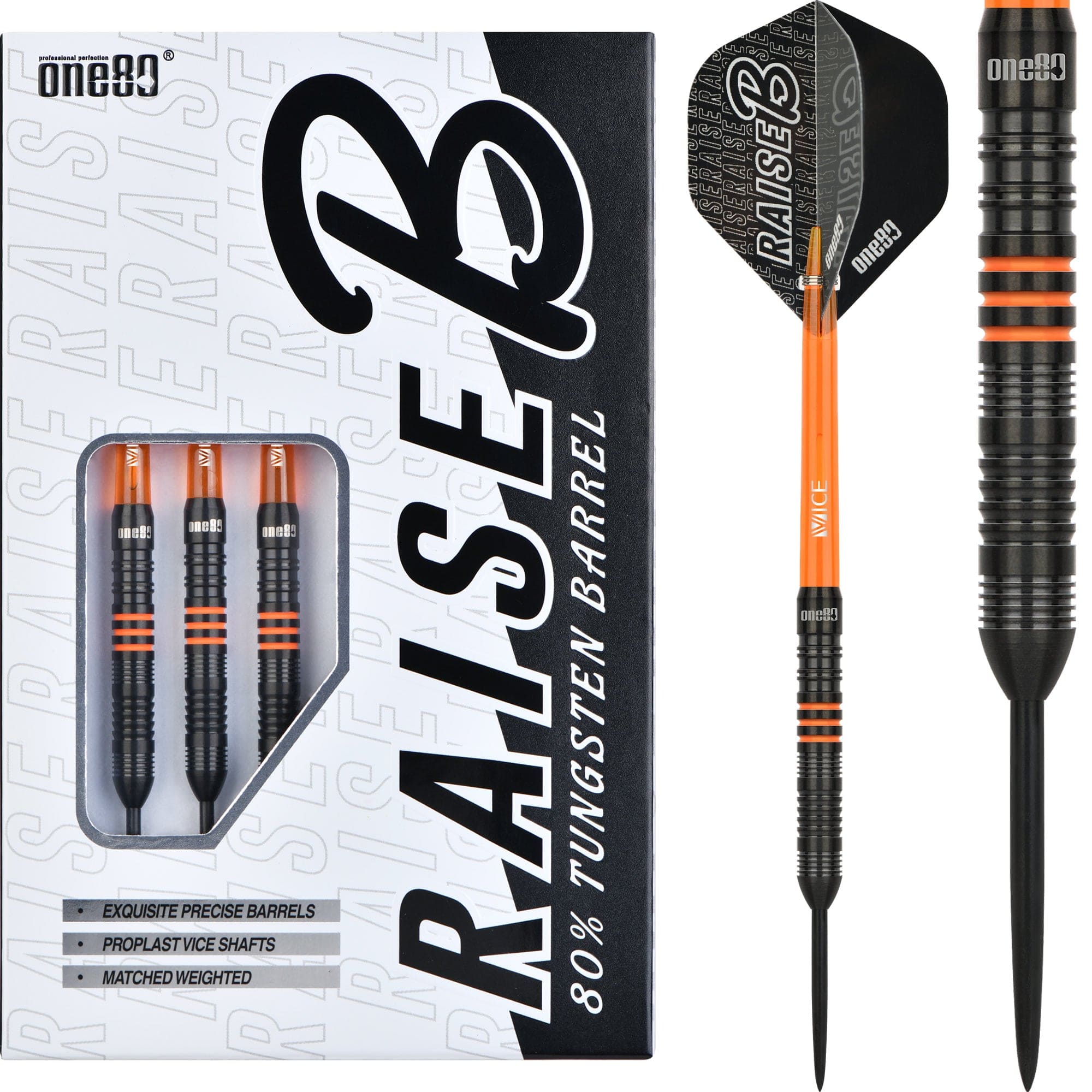 One80 Raise B Darts - Steel Tip - Black - Orange Rings