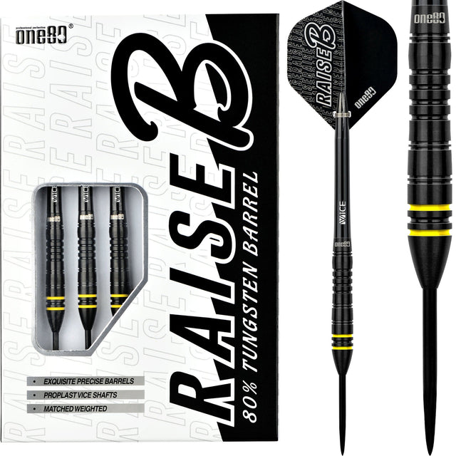 One80 Raise B Darts - Steel Tip - Black - Yellow Rings 21g