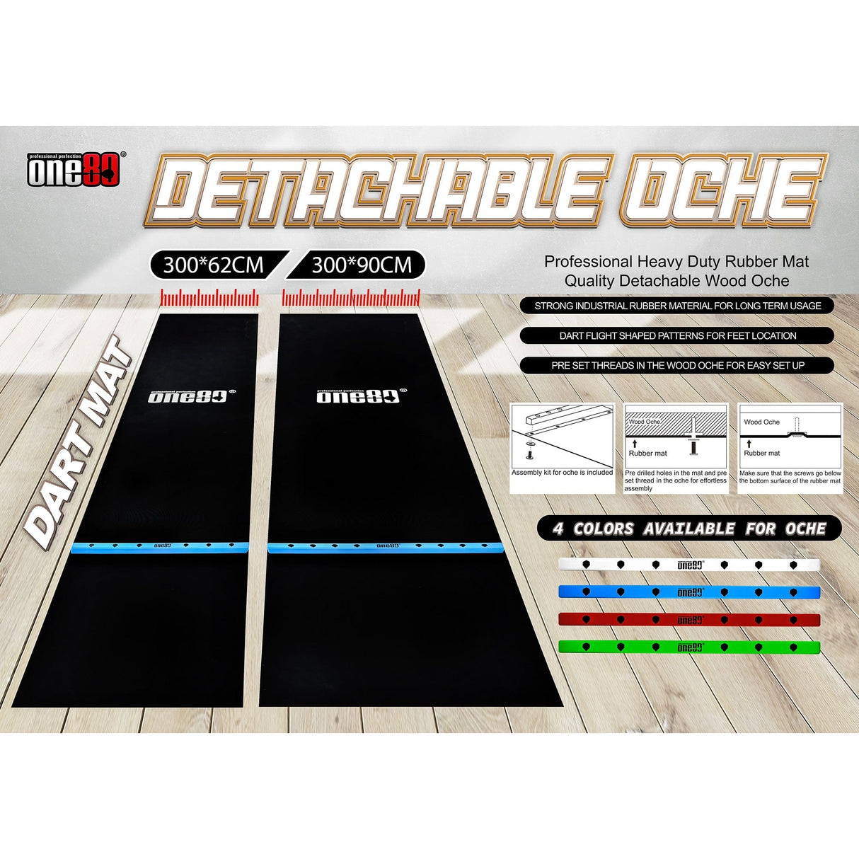 One80 Rubber Dart Mat with Oche - Floor Protection - Black - 300x62cm - Slim