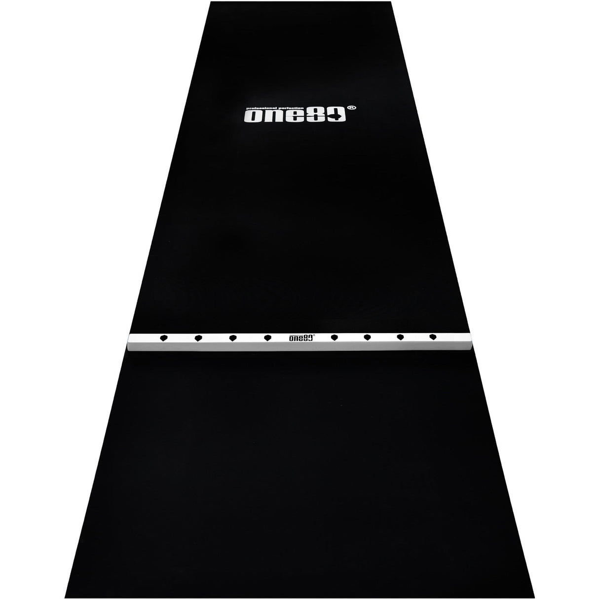 One80 Rubber Dart Mat with Oche - Floor Protection - Black - 300x90cm - Wide White