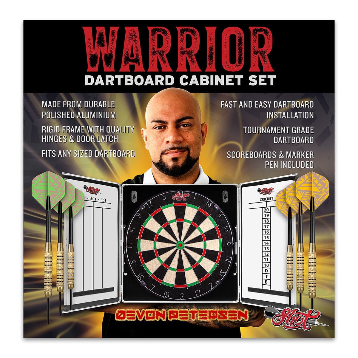 Shot Warrior Aluminium Cabinet Set - Cabinet, Board and 6 Darts Included